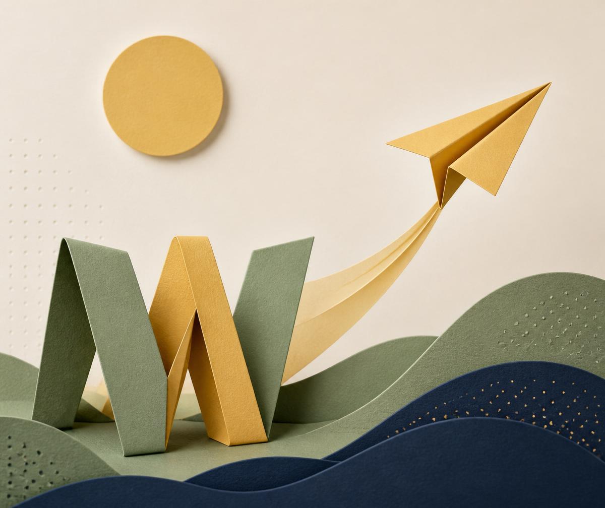 Paper sculpture of a rising arrow and paper plane